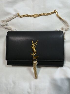 Black Leather Monogram Chain Crossbody with Gold Tassel